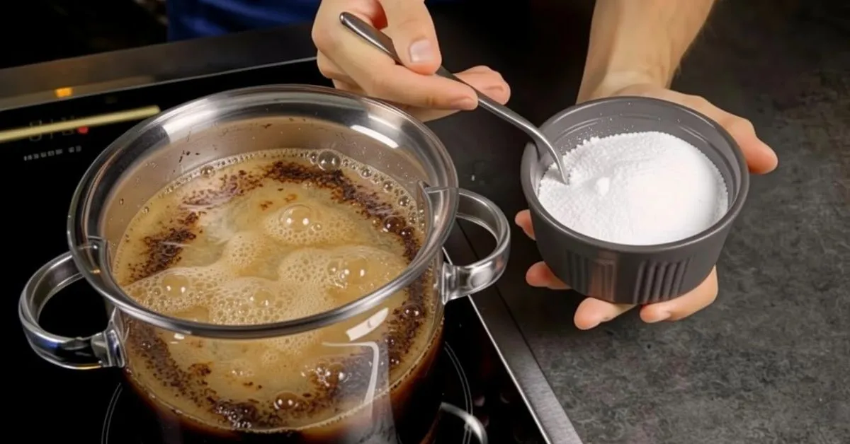 Baking soda cleaning burnt sugar in pot with boiling water bubbles